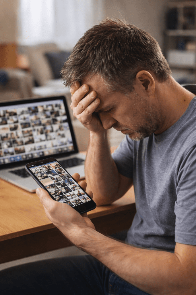 man kijkt naar veel foto’s op telefoon zonder overzicht