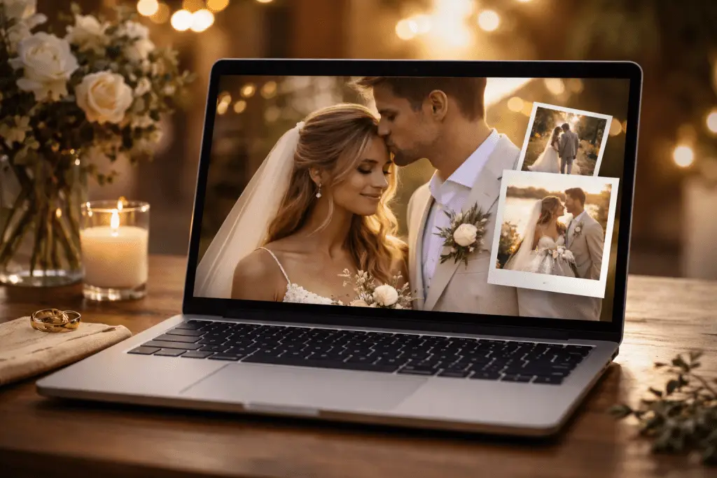 Bruiloft slideshow bekijken op laptop met foto’s van bruidspaar
