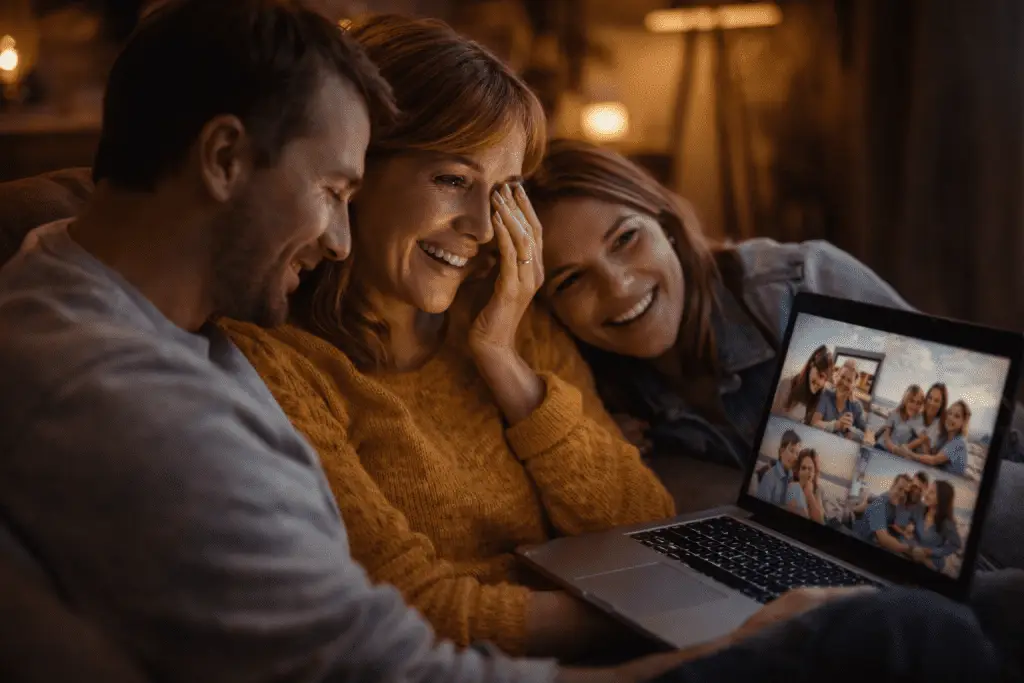 Ontroerd moment tijdens het bekijken van een persoonlijk slideshow cadeau met foto’s op een laptop