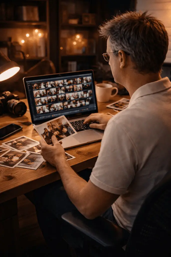 Foto’s selecteren voor een slideshow laten maken op laptop in warme werkomgeving