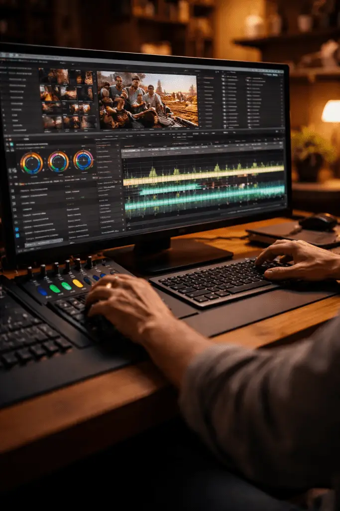 Professionele slideshow montage met videobewerking, timeline en kleurcorrectie op scherm