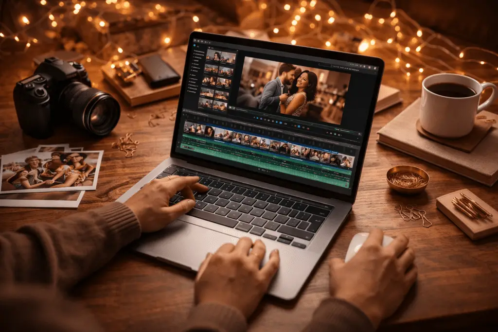 Slideshow maken op laptop met foto’s en videobewerking in warme sfeer