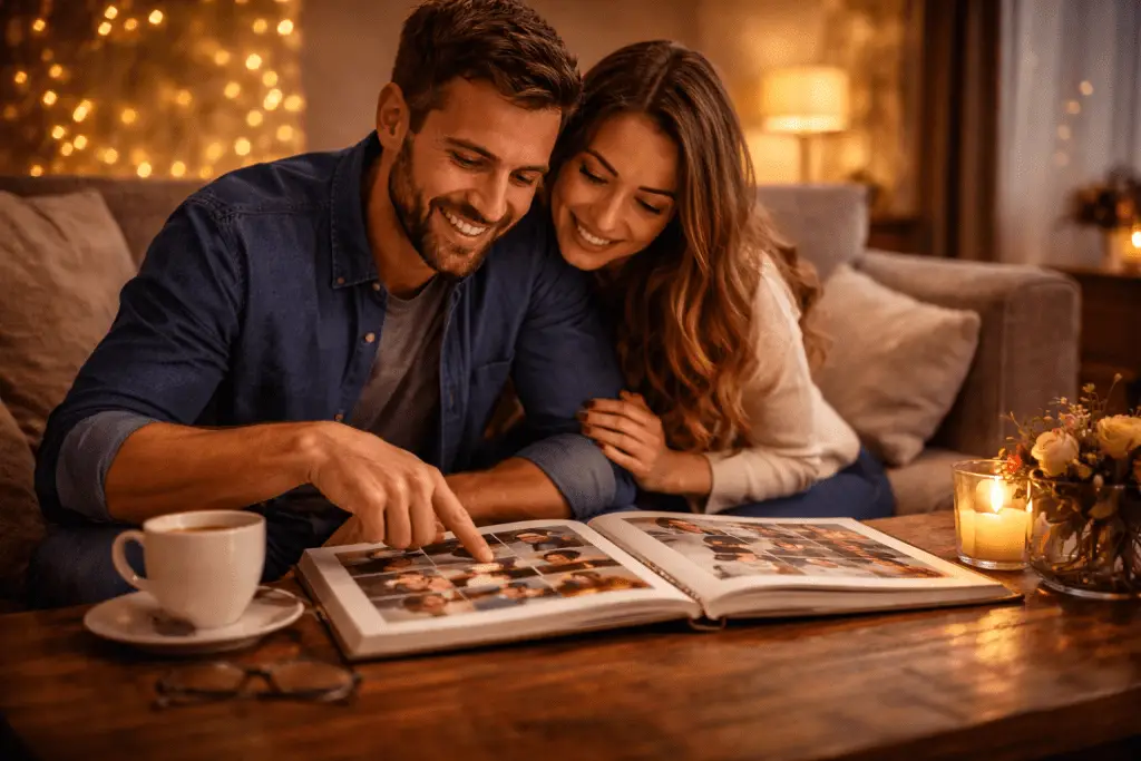 koppel kijkt samen naar fotoalbum met herinneringen van hun relatie